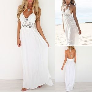 LILBETTER Beach Crochet Backless Bohemian Halter Maxi Long Dress Sz Medium
